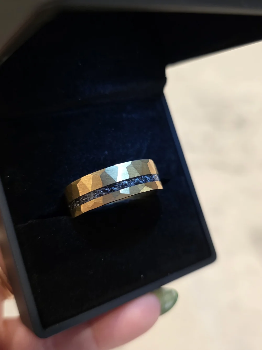 Yellow Gold Tungsten Meteorite Ring Hammered Mens Wedding Band, Unique Men Ring